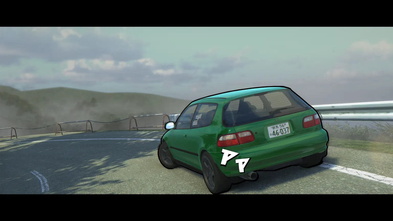 A green Civic EG6 with a Night Kids sticker at the top of a pass