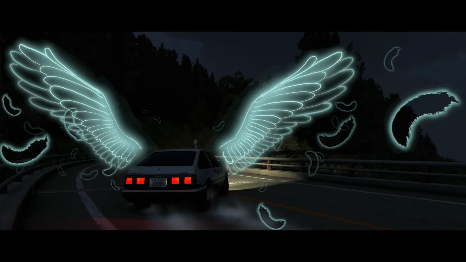 An AE86 sliding down a pass at night